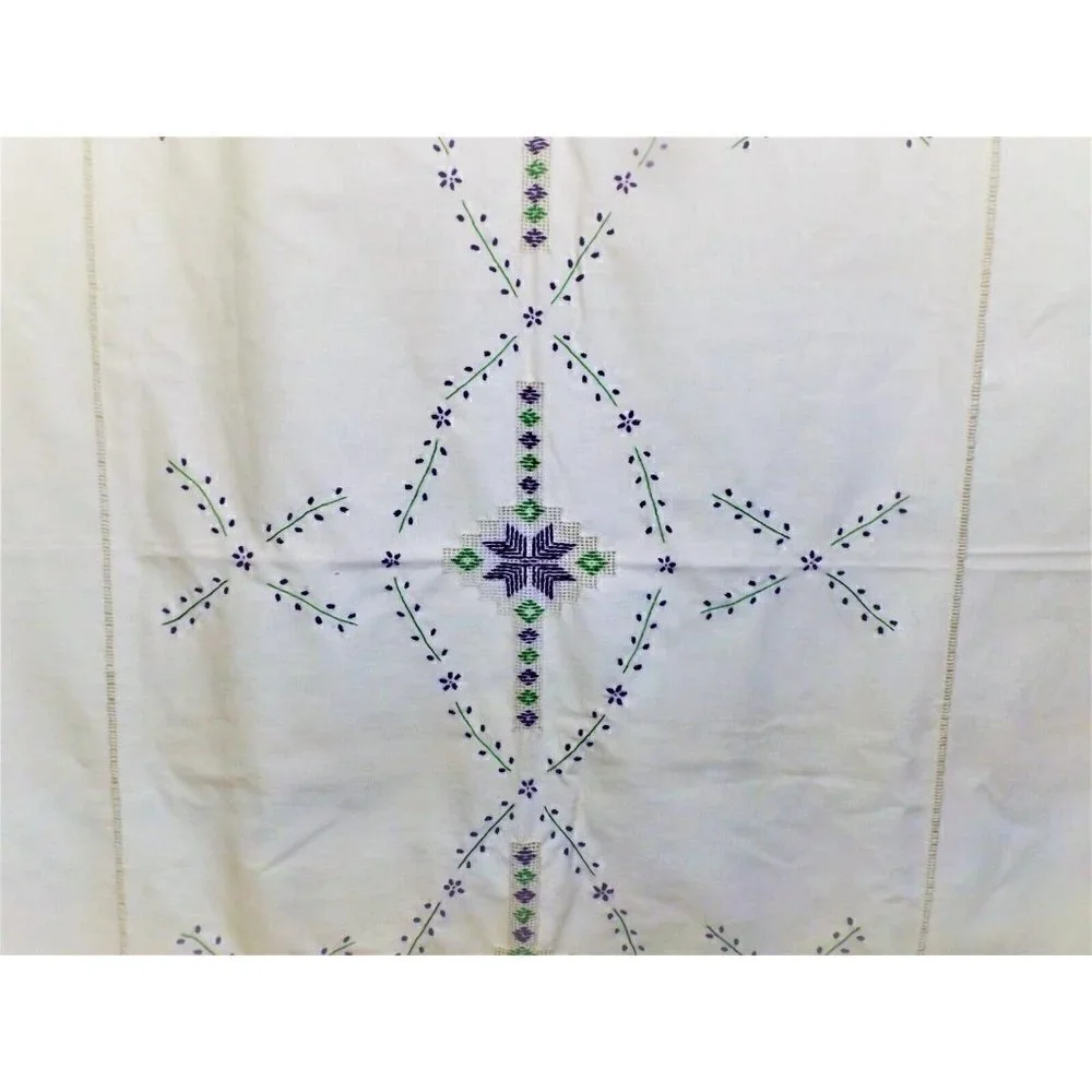 Vintage Embroidered 52 X 68 Beige Linen Tablecloth Purple and Green Design